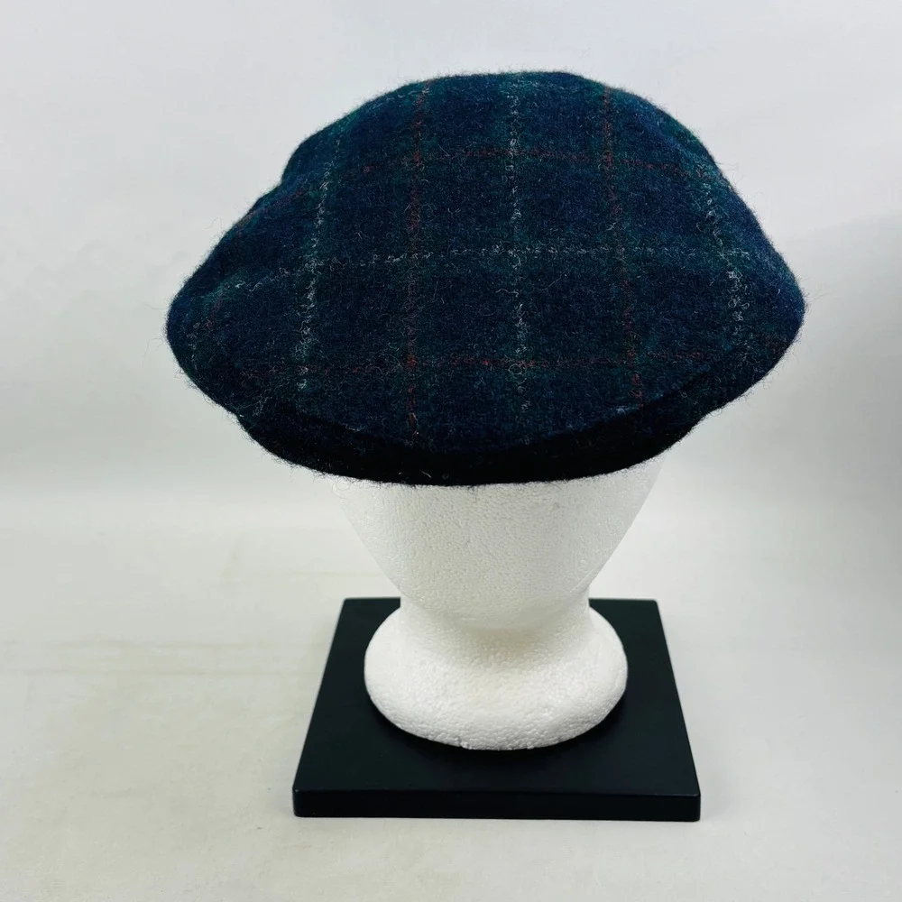 Vintage Harris Tweed Flat Cap Mens XL Blue Plaid Wool Ivy Newsboy Hat USA Made